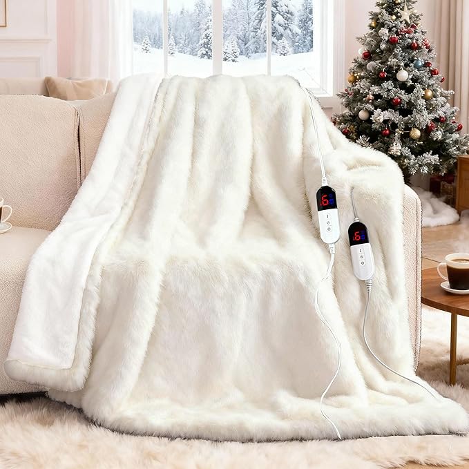 Heated Blanket with 10 Hours Auto-Off 6 Heat Level, Cozy Shaggy Faux Rabbit Fur Electric Blanket with Overheating Protection (White, 90"X100")