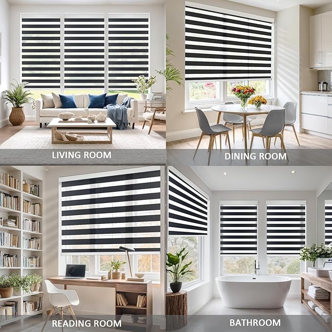 Motorized Zebra Blinds for Windows Cordless Electric Curtains with Remote Control Blackout Shades Custom Smart Blinds Compatible with Alexa Google Home(Light Filtering Black,W39 X 72in)