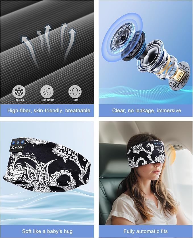 LOVE EYE Sleep Headphones Wireless Headband Headphones Bluetooth 5.4 for Side Sleeper Bluetooth Headband Earphones for Sports for tech Gadgets Gifts (Flower Black)
