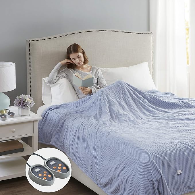 Beautyrest Electric Blanket Luxurious Micro Fleece Ultra Soft Ribbed Textured, Cozy and Snuggly Cover for Cold Weather, Fast Heating, Auto Shut Off, 20 Level Heat Setting Controller, Full, Blue