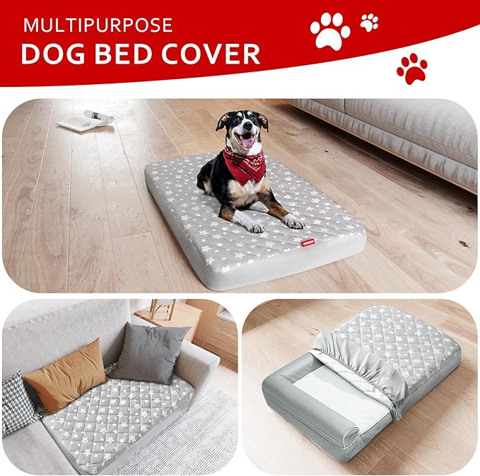 Waterproof Dog Bed Covers Replacement Washable Pet Hair Easy to Remove, Noiseless Quilted Puppy Pet Bed Cover Lovely Grey Star Print 44x54 Inches, for Dog/Cat, Cover Only