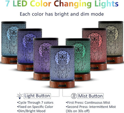 EQUSUPRO Essential Oil Diffuser 150ml Metal Aromatherapy Oil Diffuser Ultrasonic Cool Mist Diffuser with Auto Shut-Off Protection,7 Colors Changed LED for Home Office SPA Yoga (Owl)