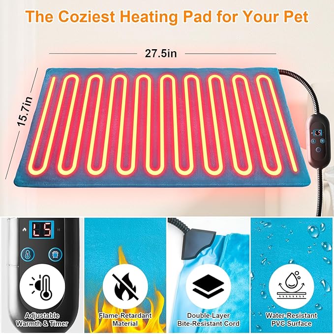 Pet Heating Pad with 6 Adjustable Temperature Settings, Heated Cat Mat with Built-In Smart Thermostat, Chew-Resistant Cord, Removable & Washable Plush Cover, Waterproof Material, 27.5 x 15.7 Inches