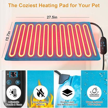 Pet Heating Pad with 6 Adjustable Temperature Settings, Heated Cat Mat with Built-In Smart Thermostat, Chew-Resistant Cord, Removable & Washable Plush Cover, Waterproof Material, 27.5 x 15.7 Inches