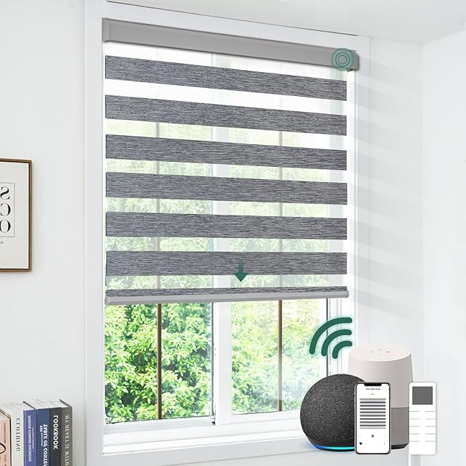 Motorized Zebra Blinds, Cordless Blackout Window Shades with Remote, Custom Dual Layer Smart Roller Shades Compatible with Alexa Google Assistant, Automatic Light Filtering Blinds,Texture Gray