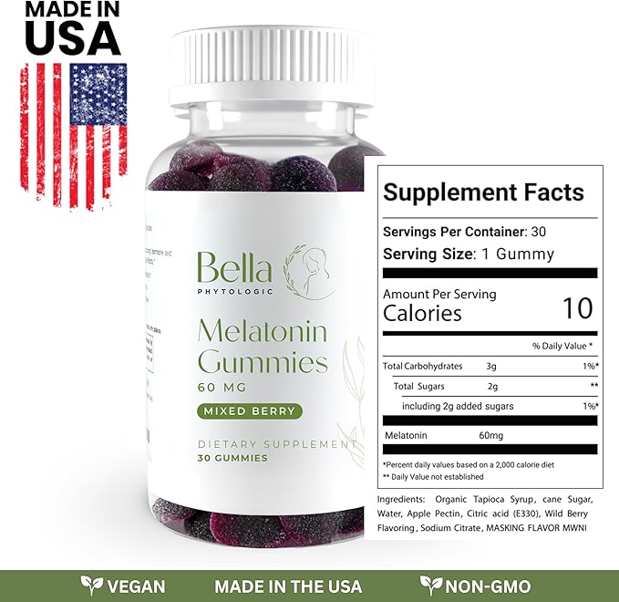 Bella High Dosage Melatonin Gummies | 60mg Per Serving | Natural Strawberry, Elderberry & Blueberry Flavor | Potent Extra Strength High-Dose Formulation