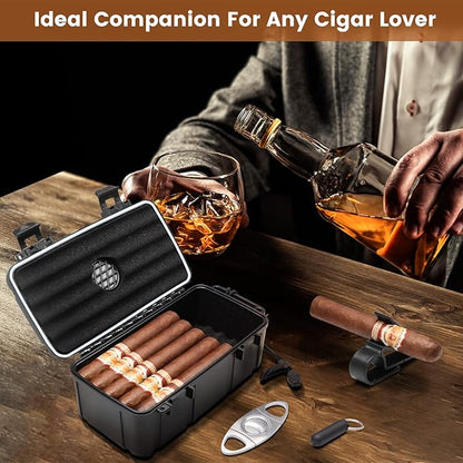 Flauno Travel Humidor - Portable Case Kit with Lighter (Without Gas), Cutter, Holder, Humidifier & Dropper, Waterproof, Crushproof, Airtight Seal (Holds up to 15 Cigars)