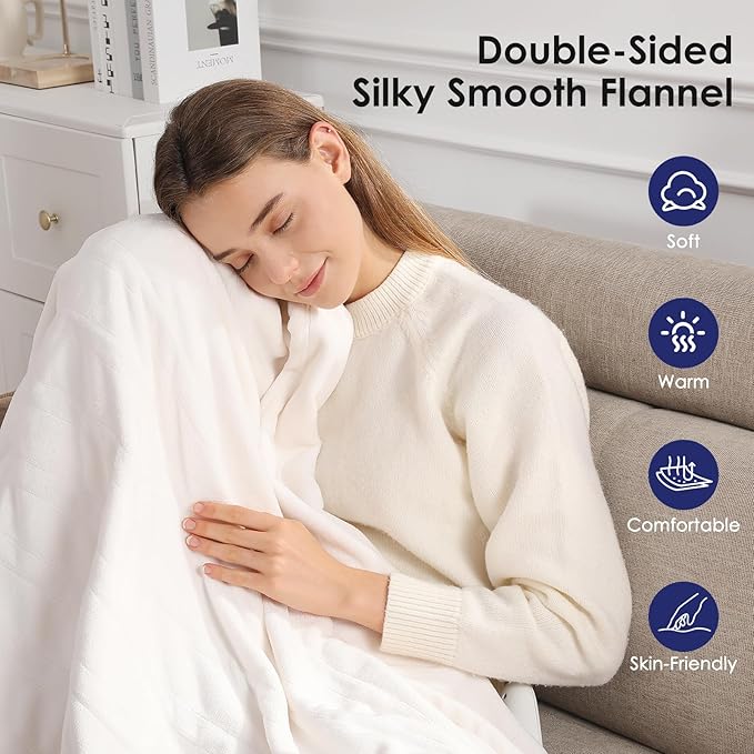 Electric Blanket Full Size Heated Blanket - Soft Silky Warm Electric Blanket with 5 Heating Level & 10 Hour Auto Off Heating Blanket, ETL Certified & Machine Washable for Grandma Gifts(Cream White)