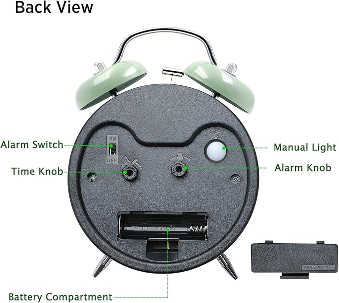 Peakeep Loud Battery Alarm Clock for Heavy Sleepers Adults Kids, Analog 4.5" Twin Bell Old School Fashioned Style for Bedrooms Living Room Decor (Avocado Green)