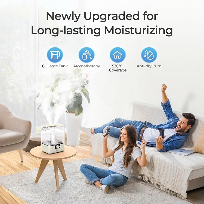 CHIVALZ Humidifiers for Bedroom Large Room Home, 6L Cool Mist Humidifier for Baby and Plant, Oil Diffuser, Top Fill Humidifier with Night Light, Quiet 23dB, Up to 26H, CreamyYellow 1Pack
