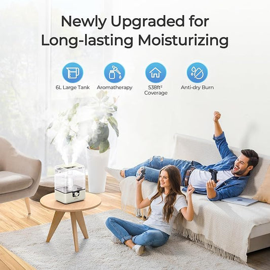 CHIVALZ Humidifiers for Bedroom Large Room Home, 6L Cool Mist Humidifier for Baby and Plant, Oil Diffuser, Top Fill Humidifier with Night Light, Quiet 23dB, Up to 26H, CreamyYellow 1Pack