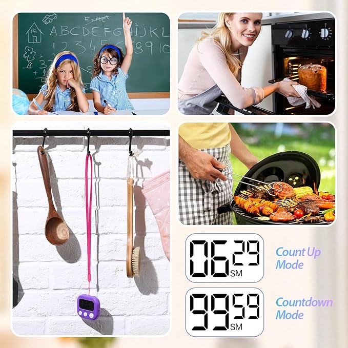 Leumoi 24 Packs Small Digital Kitchen Timer with lanyards Magnetic Back and Switch Minute Second Count up Countdown Big LCD Display Loud Alarm for Teacher Cooking Baking, Colorful