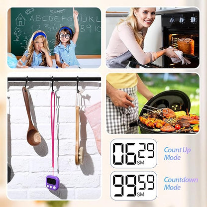 Leumoi 24 Packs Small Digital Kitchen Timer with lanyards Magnetic Back and Switch Minute Second Count up Countdown Big LCD Display Loud Alarm for Teacher Cooking Baking, Colorful