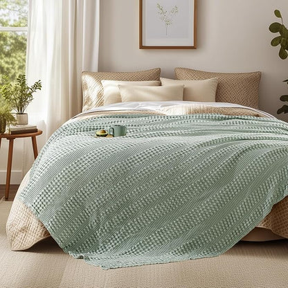 Cooling Waffle Weave Blanket Twin Size for Bed Sofa - Soft Lightweight Bed Blankets of 50% Rayon Derived from Bamboo for Hot Sleepers, Sage Green Breathable Throw for Summer, 60"x80"