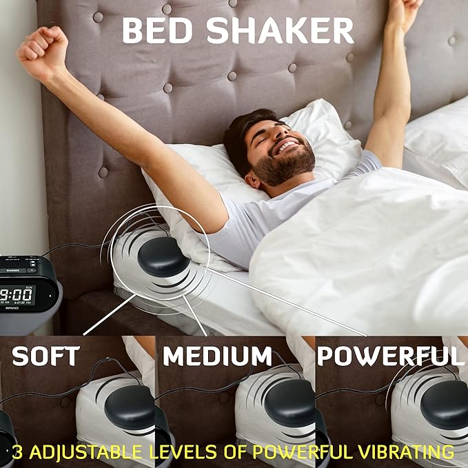 Riptunes Loud Alarm Clock with Bed Shaker for Heavy Sleepers & Hearing Impaired - Dual Alarm for Bedroom Weekday and Weekend Settings USB Charging, Dimmer, Snooze (Black)