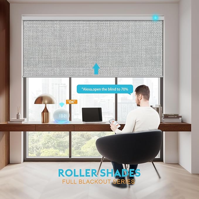 Motorized Blinds with Remote, Smart Blind Roller Shades Compatible with Alexa, Durable Rechargeable Battery Solar Power Electric Window Blinds Motorized Shades Customized Size (3-Layer Grey)