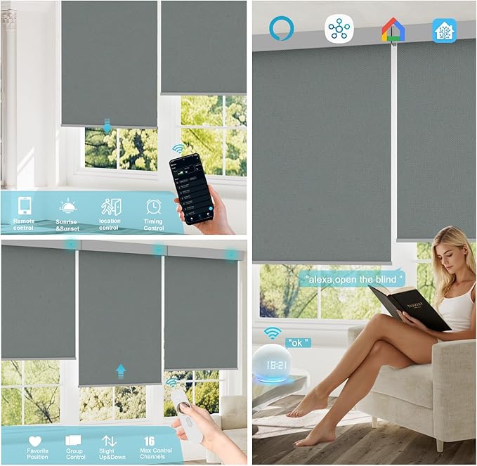 Motorized Blinds with Remote, Smart Blind Roller Shades Compatible with Alexa, Durable Rechargeable Battery Solar Power Electric Window Blinds Customized Size (Pure Deep Grey)