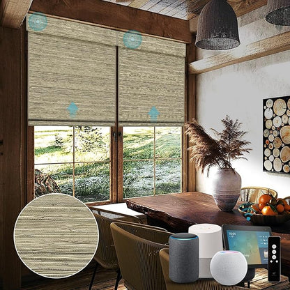 SmartWings Motorized Natural Woven Wood Shades for Windows Work with Matter Thread Homekit Z-Wave Alexa Google, 50%/70%/100% Blackout Electric Roman Shades Cordless with Remote, Customized, Kenaf 022