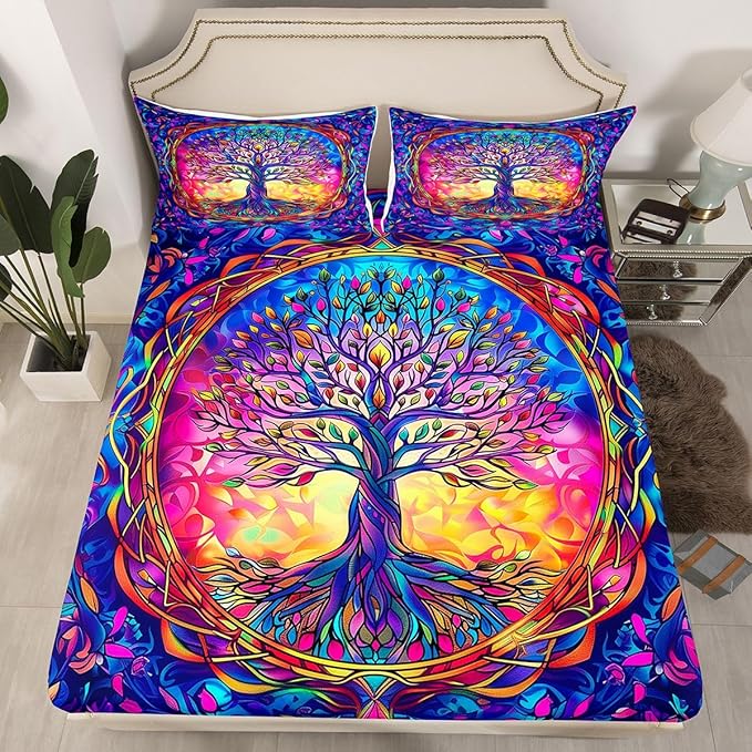 Tree of Life Kids Queen Size Fitted Sheet,Stained Glass Leaves Abstract Room Decor,Aesthetic Nature Plant Boys Girls Bed Sheets,Colorful Bedding Set,2 Pillowcases(No Flat)