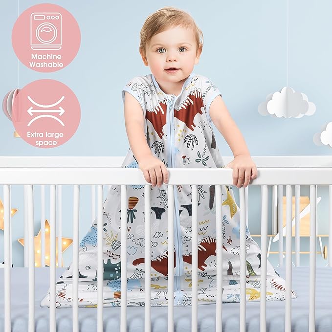 Baby Sleep Sack 6-12 Months 3 Pack Baby Wearable Blanket 100% Rayon Cotton 2-Way Zipper Toddler Sleeping Sack .Comfy Soft Lightweight TOG 0.3 (Elephant&Dinosaur&Hexagon,)