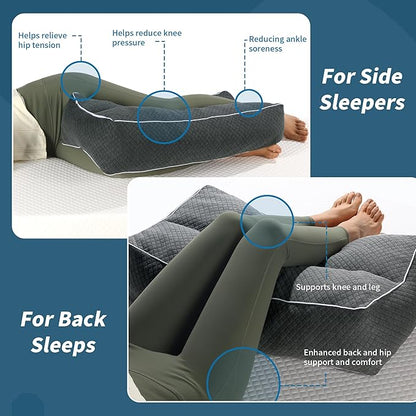 HOMBYS Shredded Memory Foam Knee Pillow for Side Sleepers, 6.5" Height Pillow Between Legs for Aligns Spine & Relieves Pressure Hip & Leg Elevation, Supportive Pillow for Pregnancy, Sciatica, Grey