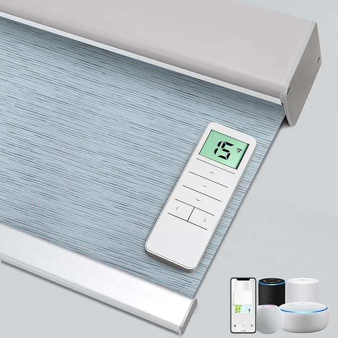 Motorized 100% Blackout Roller Shades – Custom Smart Blinds with Remote Control, Rechargeable Battery or Plug-in Motor, Tuya WiFi Optional, Home & Office Automatic Window Shades (Ash Blue/CH94210)