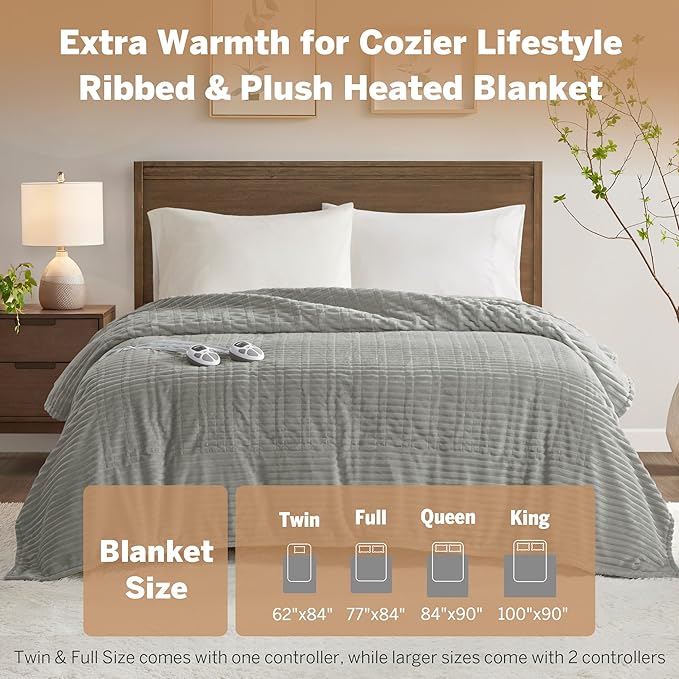 Serta Electric Blanket, Soft, Ribbed, Plush Heating Blanket King for Office, Couch, 1-12 hr Auto Shut Off Timer, 10 Lv Heating, ETL Certified, King 100"x90" Mineral Grey