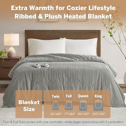 Serta Electric Blanket, Soft, Ribbed, Plush Heating Blanket King for Office, Couch, 1-12 hr Auto Shut Off Timer, 10 Lv Heating, ETL Certified, King 100"x90" Mineral Grey