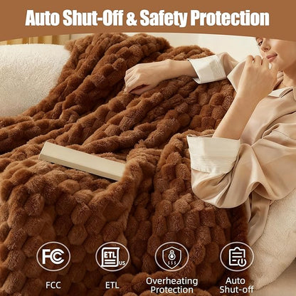 Heated Blanket Throw 50" x 60" Soft Ribbed Faux Fur Flannel Fast Heating 12 Heat Levels 1–12H Timer & Overheat Protection & Auto Shut-Off & ETL FCC & Machine Washable Heated Throw