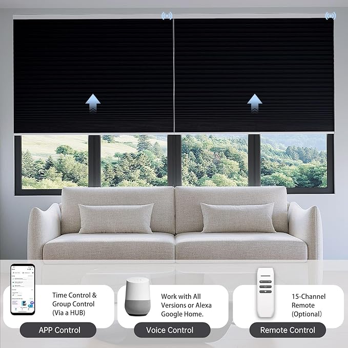 Motorized Cellular Shades with Remote, Blackout Smart Cellular Shades Compatible with Alexa, Cordless Honeycomb Window Blinds for Bedroom Home Office, Custom Size, Blackout Black