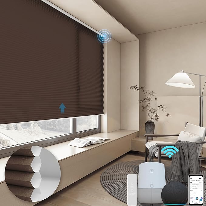 Motorized Cellular Shades with Remote, Light Filtering Smart Cellular Shades Compatible with Alexa, Honeycomb Window Blinds for Bedroom Home Office, Custom Size, Half Shading Brown