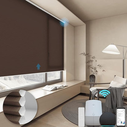 Motorized Cellular Shades with Remote, Light Filtering Smart Cellular Shades Compatible with Alexa, Honeycomb Window Blinds for Bedroom Home Office, Custom Size, Half Shading Brown