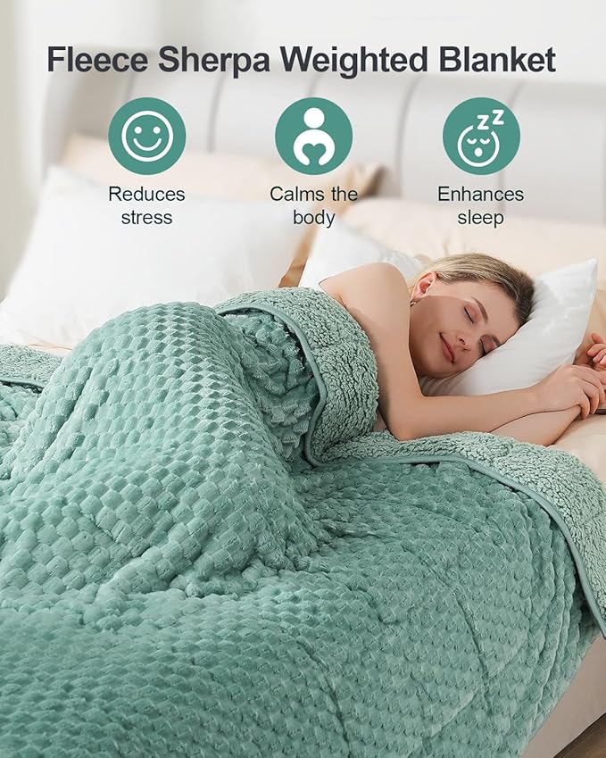 Super Soft Luxury Fleece Sherpa 20 lbs Weighted Blanket for Adults, Turtle Shell Fluffy Cozy Warm Weighted Throw for Winter, Ceramic Beads Washable Heavy Blankets for Couch Bed, Sage Green, 60" x 80"