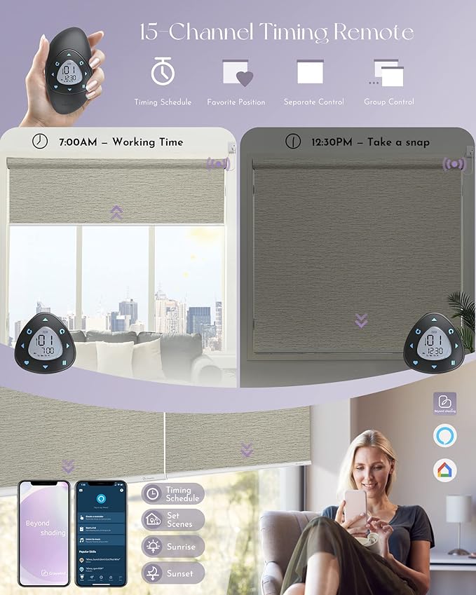 Graywind Smart Blackout Roller Shades Compatible with Alexa Google WiFi Hardwired Textured Fabric Motorized Blinds Remote Window Shades, Custom Size (Frequency Sand)