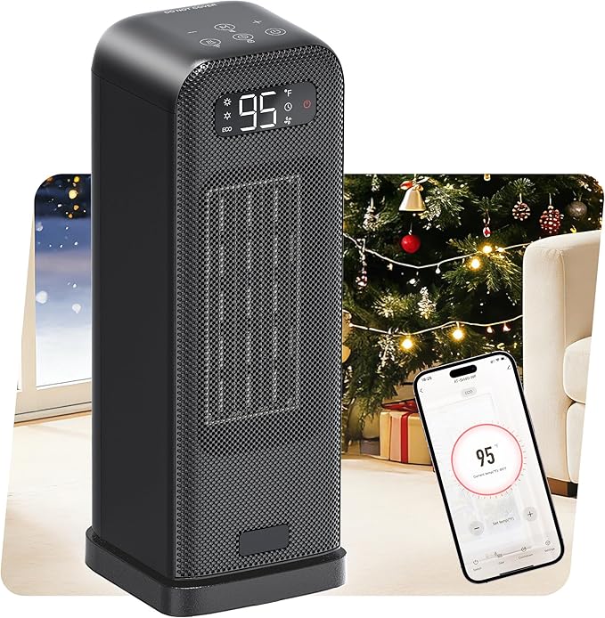 MORENTO Space Heaters for Indoor Use, Electric Portable Heater for Bedroom with Thermostat, WiFi Voice Control, 36dB Quiet 4 Modes 12H Timer, 1500W PTC Ceramic Heater for Office Home 1Pack Black
