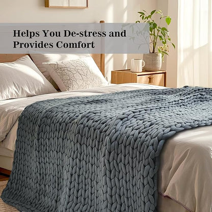 Hand-Knit Weighted Blanket for Adults,Chunky Knit Blanket, Cooling,Breathable,Sustainable,Machine Washable,Organic Cotton,Valentine's Day Birthday Gifts for Mom Women(Dark Grey,48"*72",12lb)