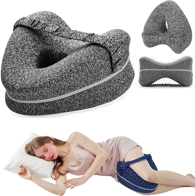 Knee Pillow for Side Sleepers Hip Pain,Alignment Pillows for Side Sleepers with Adjustable Strap,Leg Pillow for Side Sleeping,Shaped Memory Foam Pillows Relieving Leg, Back, Knee,Grid Blue (Grey)
