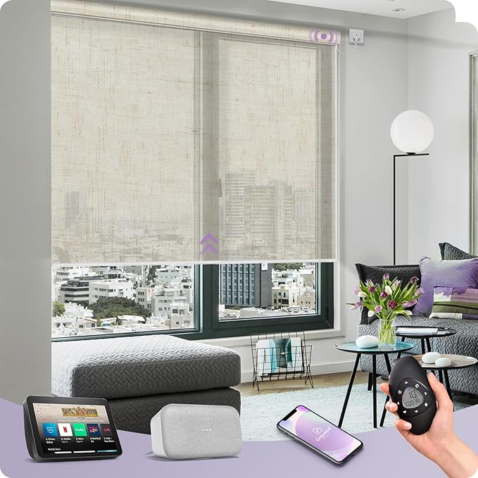 Graywind Motorized Semi Roller Shades Compatible with Alexa Google Hardwired WiFi Smart Light Filtering Remote Control Automated Blinds Electric Window Shade, Custom Size (Sheer Linen Beige)