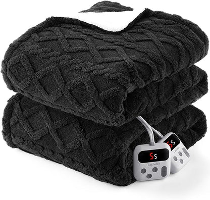 CAROMIO Electric Blanket Queen Size Dual Control - Thick Tufted Sherpa Heated Blanket Queen with 10 Heating Levels and 10 Time Settings, ETL Certified Fast Heating Blanket Queen Size 84"×90", Black
