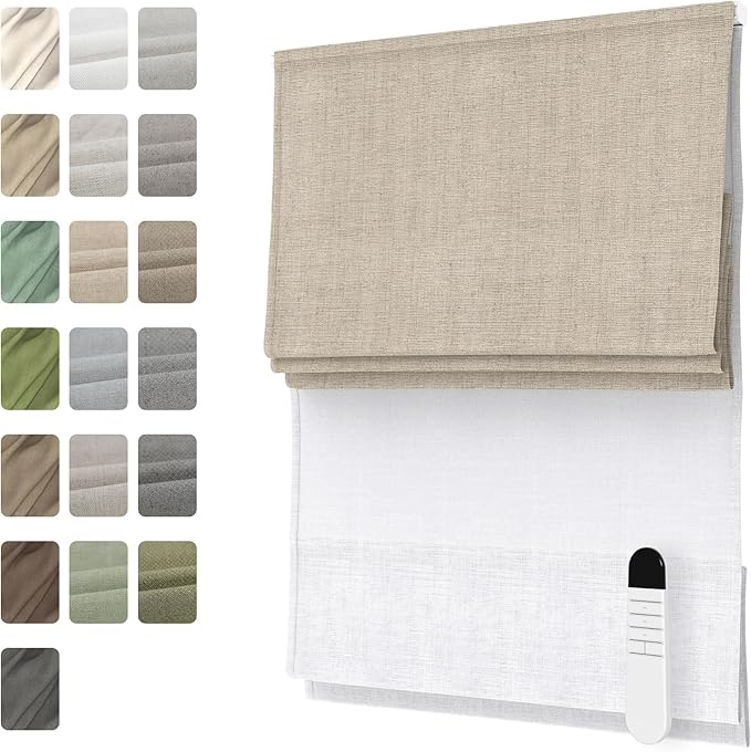 Motorized Day Night Roman Shades with Remote, Cordless Smart Blackout or Light Filtering Double Roman Blinds, Automatic Window Blinds for Home, Office, 44" W x 64" H
