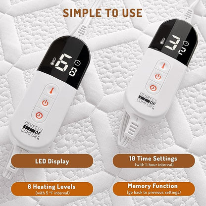 Queen Size Heated Mattress Pad - Degrees of Comfort Electric Bed Warmer with Dual Controllers, 6 Heating Levels, 10-Hour Auto Shut-Off, Breathable Air-Layer, 60"x80"