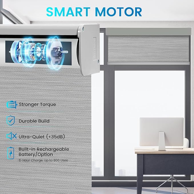Motorized 100% Blackout Roller Shades – Custom Smart Blinds with Remote Control, Rechargeable Battery or Plug-in Motor, Tuya WiFi Optional, Home & Office Automatic Window Shades (Light Gray/CH9422)