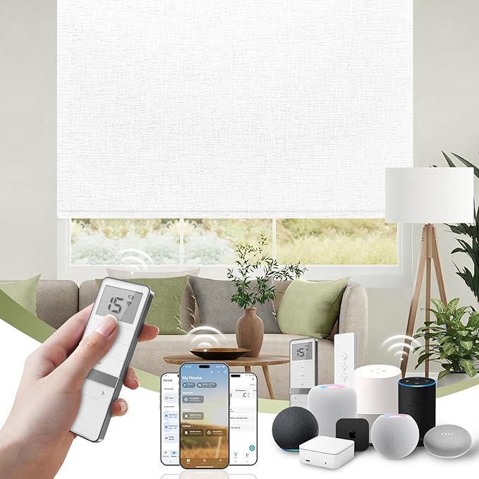 FineTell Motorized Blinds with Remote, 100% Blackout Roller Shades Compatible with Alexa,Apple Homekit,Google Home APP and Voice Control, Customized Electric Blinds (100% Blackout Classic White)