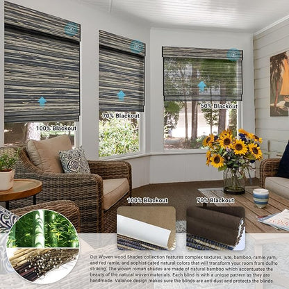 SmartWings Motorized Natural Woven Wood Shades Work with Matter Thread Homekit Z-Wave Alexa Google, 50%/70%/100% Blackout Electric Auto Roman Shades Cordless Remote Control Customized, Bamboo 026