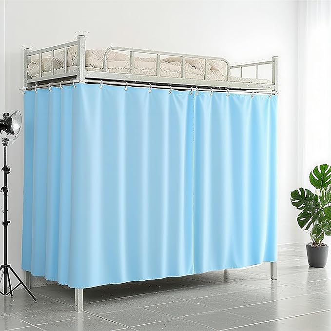 2PCS Blackout Bed Curtains with Accessories Solid Color Single Loft Canopy Kids Student Blue