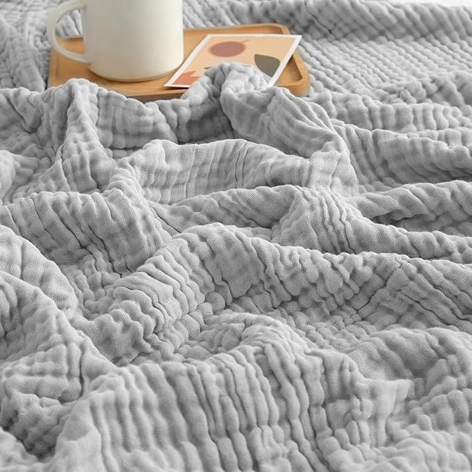 EMME Cotton Muslin King Blanket Big Oversized Bed Layering Bedspread Coverlet Breathable Gauze Soft Lightweight Blankets (Light Grey, 120"x94")