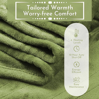 Electric Heated Blanket 72"x84" Full Size Flannel Heated Blanket, Cozy & Warm for All Night, 4 Heat Settings & 10 Hours Auto Off, Machine Washable, Green