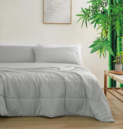 Zaizaihome Natural Bamboo Viscose Comforter Set Queen Size 3 Pieces, All-Season Soft Breathable Moisture-Wicking Quilt with Matching Pillowcases, Machine Washable, Quilted Fluffy Comforter (Gray)