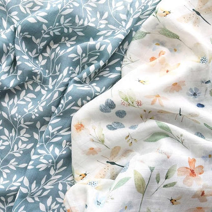 LifeTree Baby Swaddle Blankets, Boys Girls Muslin Swaddling Wrap Receiving Blanket for Newborn, 70% Viscose from Bamboo and 30% Cotton, Large 47" x 47", Blue Floral and Leaf