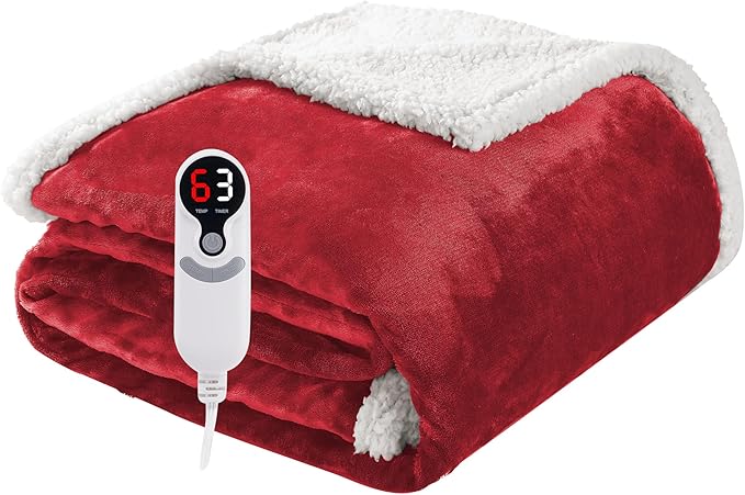 Electric Heated Blanket Throw Size 50"x60", Soft Flannel with Overheat Protection, 9 Adjustable Heat Settings & 10-Hour Auto-Off Timer, Fast Heating for Winter Comfort, Red